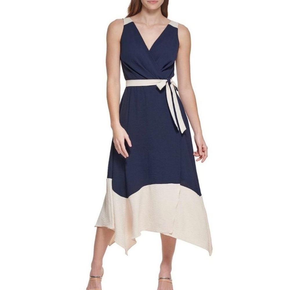 DKNY Colorblocked Wrap Tie at Waist Midi Dress Navy & Beige